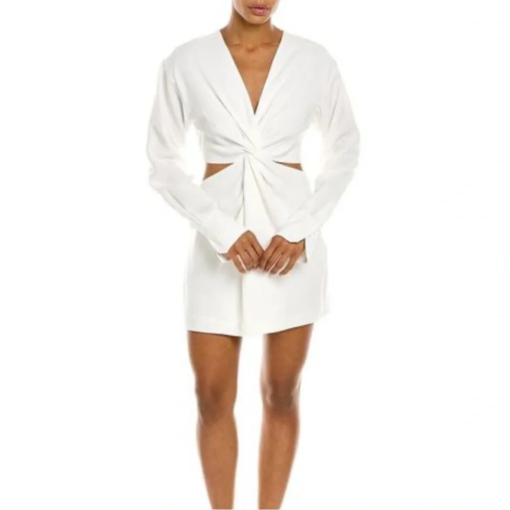 alc white mini dress Lucie shoulder mini features asymmetric gathering and ruffled edges Astra Lace Mini Dress |